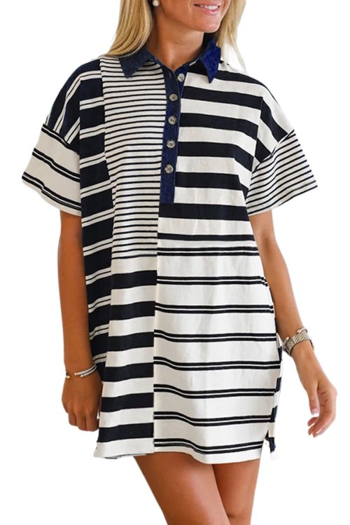 Women's Black Stripe Half Placket Polo T-Shirt Dress - Casual Elegance