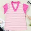 Women's Pink Stripe Ruffled V Neck Cap Puff Sleeve Top for Everyday Elegance - Image 10