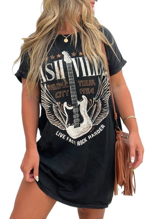 Women's Black Nashville Guitar Print Crew Neck T-Shirt Mini Dress