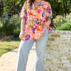 Women's Plus Size Pink Floral Print V Neck Fit and Flare Blouse for Summer - Image 7