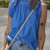 Women's Sky Blue Frilled Neck Ruffled Armholes Buttoned Back Tank Top - Image 5