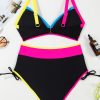 Women's Black Color Block Drawstring Side V Neck High Waist Bikini Set - Image 14