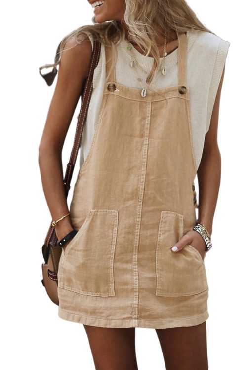 Women's Parchment Sleeveless Mini Dress with Side Buttons and Pockets