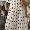 Women's White Polka Dot Print Short Sleeve Collared Buttoned Tiered Babydoll Dress - Image 3