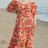 Women's Plus Size Orange Floral V Neck Flutter Sleeve Dress - Cinched Waist for Flattering Fit - Image 4