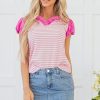 Women's Pink Stripe Ruffled V Neck Cap Puff Sleeve Top for Everyday Elegance - Image 7