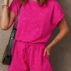 Women's Rose Red Mineral Wash Drawstring Waist Hollow Out Back Short Sleeve Romper - Image 6