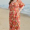 Women's Plus Size Orange Floral V Neck Flutter Sleeve Dress - Cinched Waist for Flattering Fit - Image 8