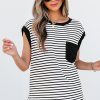 Women's Casual Black Stripe Round Neck Tank Top with Chest Pocket - Image 6