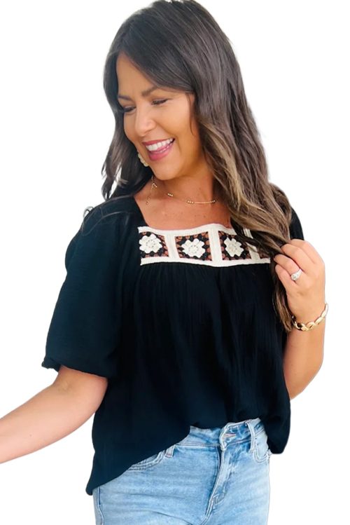 Women's Black Flower Crochet Square Neck Blouse - Short Sleeve Textured Top