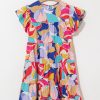 Women's Pink Abstract Printed Ruffled Flutter Sleeve Tiered Mini Dress - Image 13