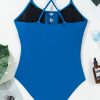 Women's Prussian Blue Crisscross One Piece Swimwear with Contrast Stripe Accent - Image 17