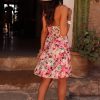 Women's Pink Floral Sleeveless Halter Neck Ruffled Mini Dress with Shirred Back - Image 3