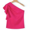 Women's Strawberry Pink Asymmetric Shoulder Ruffle Sleeve Elegant Blouse - Image 9