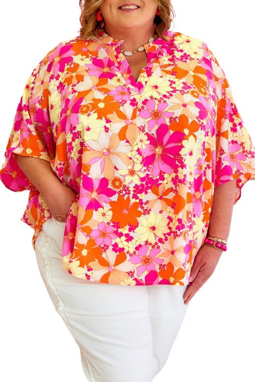 Plus Size Red Floral Short Sleeve Blouse with Slit Neck - Feminine & Flowy Fit