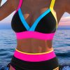 Women's Black Color Block Drawstring Side V Neck High Waist Bikini Set - Image 12