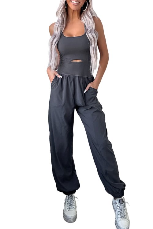 Women's Carbon Grey Back Crossed Straps Hollow Out Sleeveless Jumpsuit