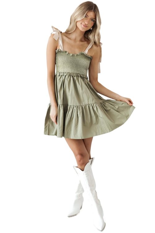 Chic Laurel Green Smocked Bodice A-Line Ruffled Mini Dress with Self-Tie Straps