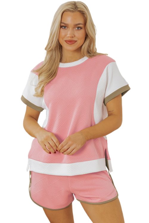 Women's Pink Textured Colorblock Patchwork Tee and High-Waist Shorts Set