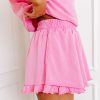 Chic Women's Pink Half Zip Puff Sleeve Top with Ruffled Shorts Set - Image 9