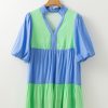 Women's Dark Blue Colorblock Frilled V Neck Puff Half Sleeve Shift Dress - Image 5