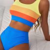 Women's Blue Colorblock Square Neck Bikini Set - Pleated High Waisted Swimwear - Image 3