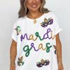 Women's White Mardi Gras Tinsel Sequin Graphic T-Shirt - Festive and Sparkly Design - Image 7