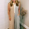 Plus Size Gray Stripe Color Block Buttoned Sleeveless Wide Leg Jumpsuit for Women - Image 5