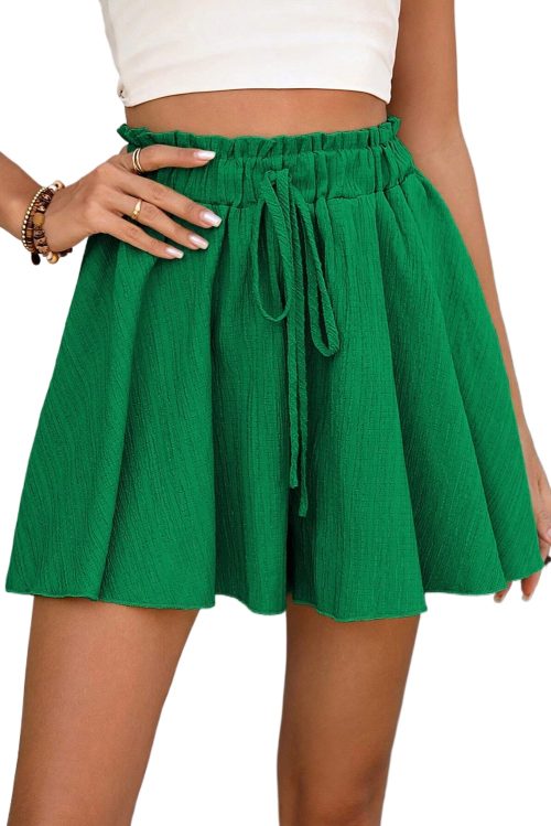 Women's Dark Green Textured Frilled Lace-up High Waist Ruffle Wide Leg Shorts