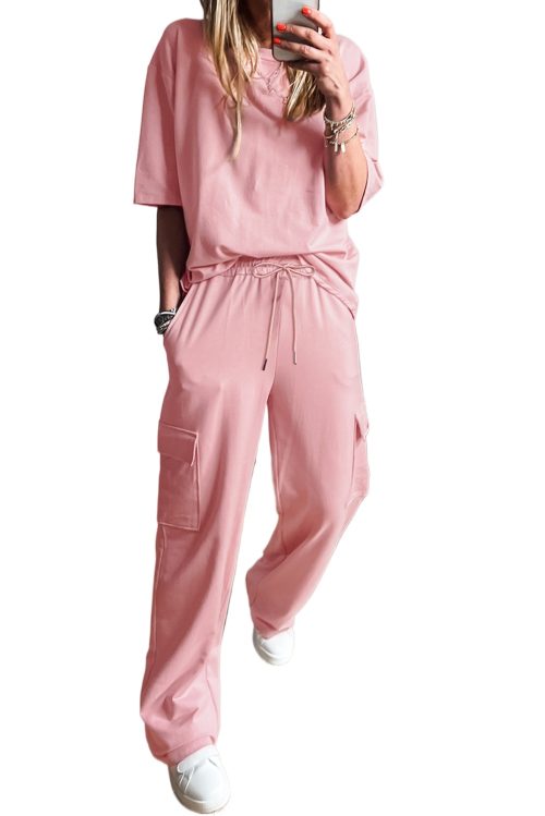 Stylish Women's Apricot Pink Half Sleeve T-Shirt & Cargo Sweatpants Set