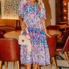 Women's Sky Blue Mixed Floral Print Tie Split Neck Short Sleeve Midi Dress - Image 6