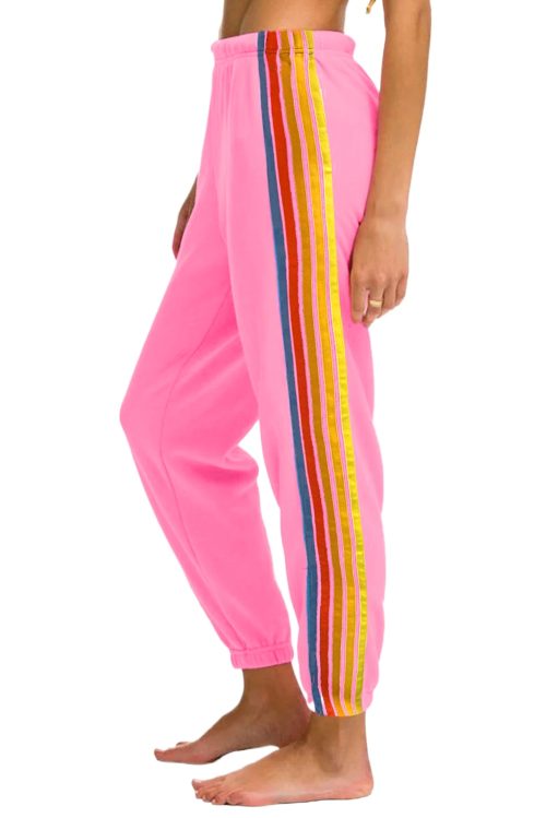 Women's Pink High Waist Sweatpants with Playful Rainbow Stripes