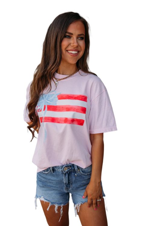 Women's Light Pink Flag Bow Graphic Crewneck Tee - Fun and Playful Design