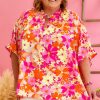 Plus Size Red Floral Short Sleeve Blouse with Slit Neck - Feminine & Flowy Fit - Image 4