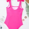 Women's Rose Red Square Neck Knotted Shoulder Open Back One Piece Swimsuit - Elegant Swimwear for Summer - Image 6