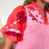 Women's Pink Floral Embroidered Notch V Neck Puff Sleeve Babydoll Blouse - Image 6