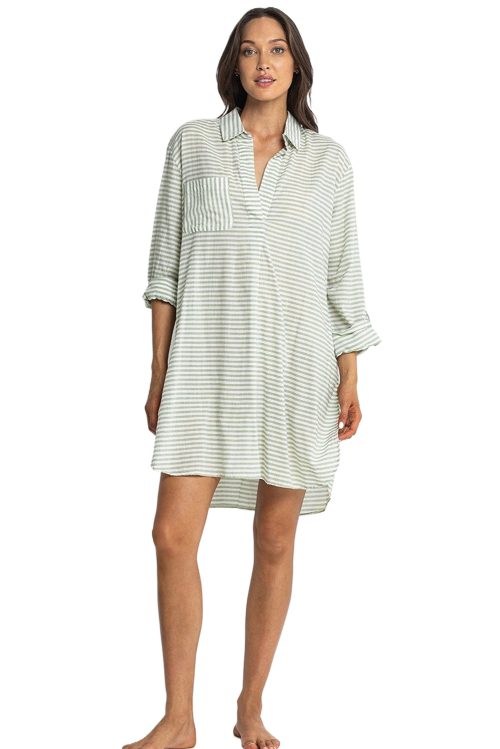 Women's White Stripe Collared V Neck Long Sleeve Beach Cover-Up with Chest Pocket