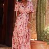 Women's Pink Abstract Printed Flutter Sleeve Maxi Dress with Daring Cutouts - Image 5