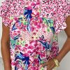 Women's Pink Floral Mixed Print Ruffle Cap Sleeve Blouse for Stylish Summer Wear - Image 11