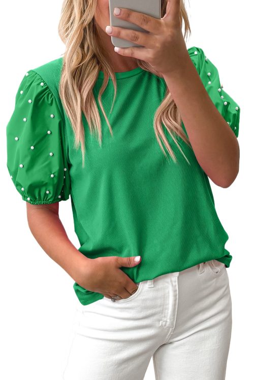 Women's Bright Green Ribbed Puff Sleeve Top with Pearl Beaded Embellishments