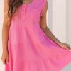 Bright Pink Waffle Textured Button Round Neck A-Line Tiered Sleeveless Dress for Women - Image 7