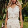 Women's White Eyelet Crochet Sleeveless V Neck Beach Dress - Flattering High Waist Design - Image 11