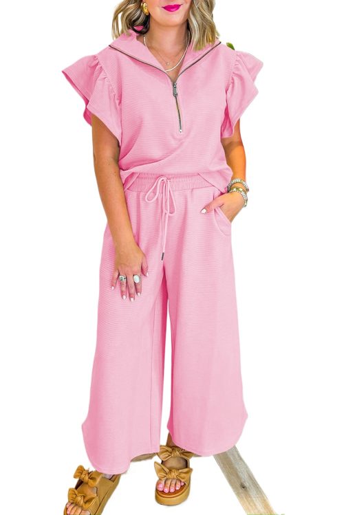 Women's Pink Textured Ruffled Sleeve Zipped Top and Wide Leg Pants Set