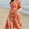 Women's Plus Size Orange Floral V Neck Flutter Sleeve Dress - Cinched Waist for Flattering Fit - Image 3