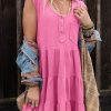 Bright Pink Waffle Textured Button Round Neck A-Line Tiered Sleeveless Dress for Women - Image 8