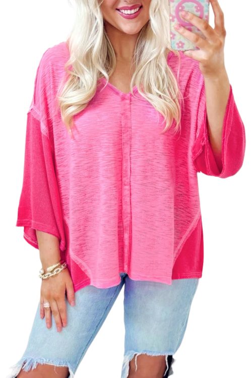 Women's Sachet Pink Contrast Patchwork V Neck Blouse with 3/4 Sleeves