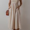 Women's Elegant Beige Scoop Neck Ribbed Bodice Pleated Sleeveless Maxi Dress - Image 3