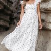 Women's White Polka Dot Flutter Sleeve Square Neck Smocked Maxi Dress - Image 5