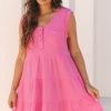 Bright Pink Waffle Textured Button Round Neck A-Line Tiered Sleeveless Dress for Women - Image 4