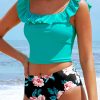 Women's Sea Green Solid Ruffled Square Neck Swim Top with Floral Shorts Bikini Set - Image 8